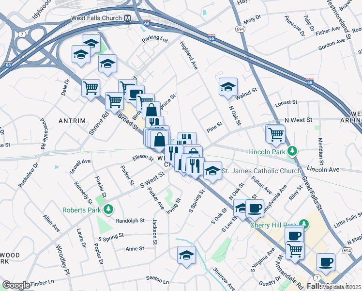 map of restaurants, bars, coffee shops, grocery stores, and more near 201 Grove Avenue in Falls Church
