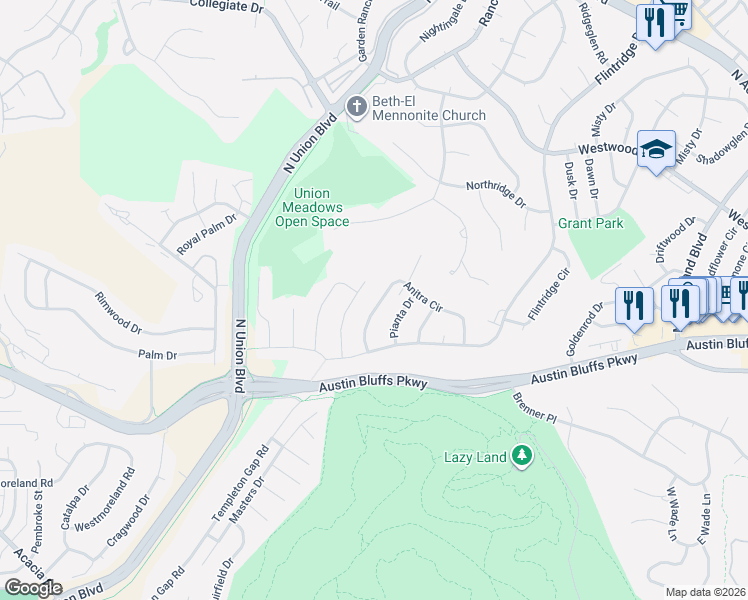 map of restaurants, bars, coffee shops, grocery stores, and more near 4118 Anitra Circle in Colorado Springs