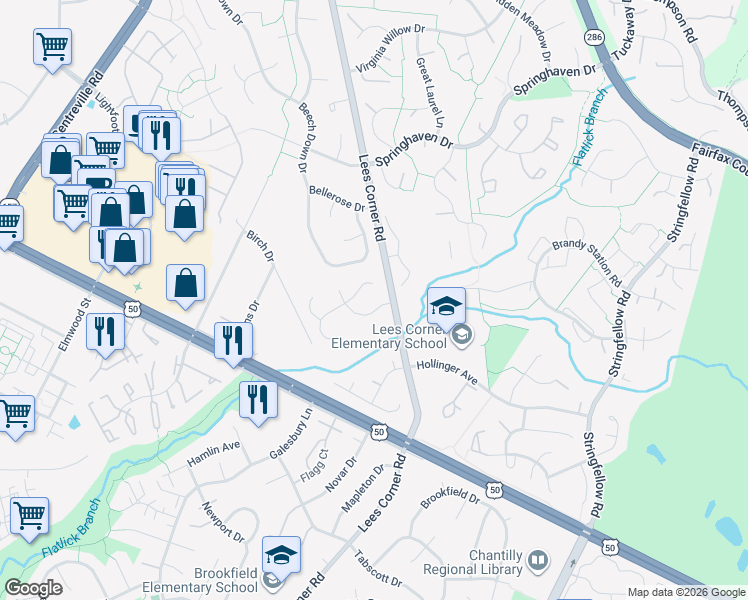 map of restaurants, bars, coffee shops, grocery stores, and more near 13504 King Charles Drive in Chantilly