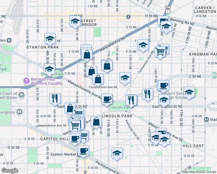 map of restaurants, bars, coffee shops, grocery stores, and more near Constitution Avenue Northeast in Washington