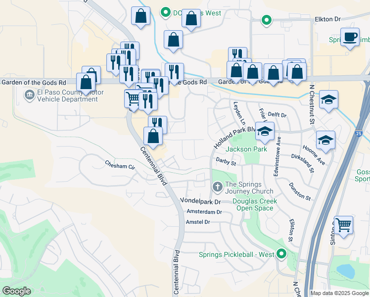 map of restaurants, bars, coffee shops, grocery stores, and more near 1413 Darby Street in Colorado Springs
