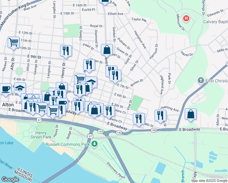 map of restaurants, bars, coffee shops, grocery stores, and more near 605 Central Avenue in Alton