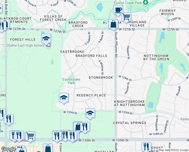 map of restaurants, bars, coffee shops, grocery stores, and more near 13640 West 129th Terrace in Olathe