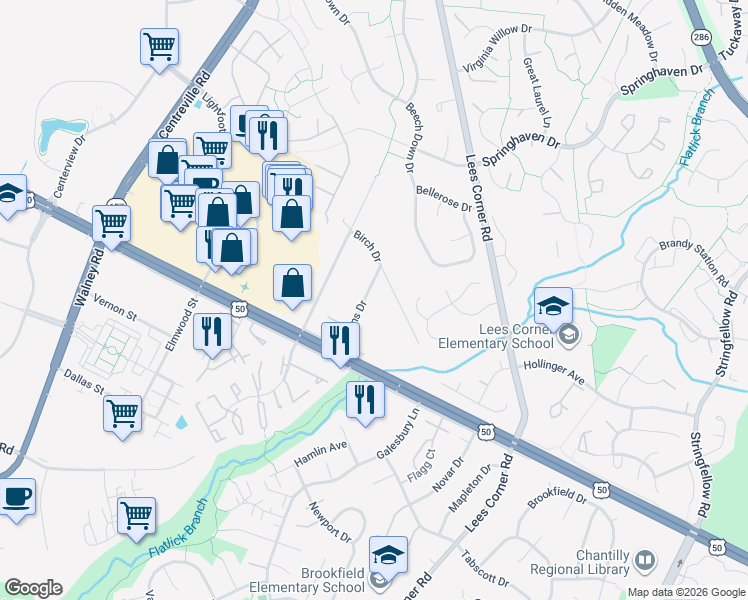 map of restaurants, bars, coffee shops, grocery stores, and more near 3915 Downs Drive in Chantilly