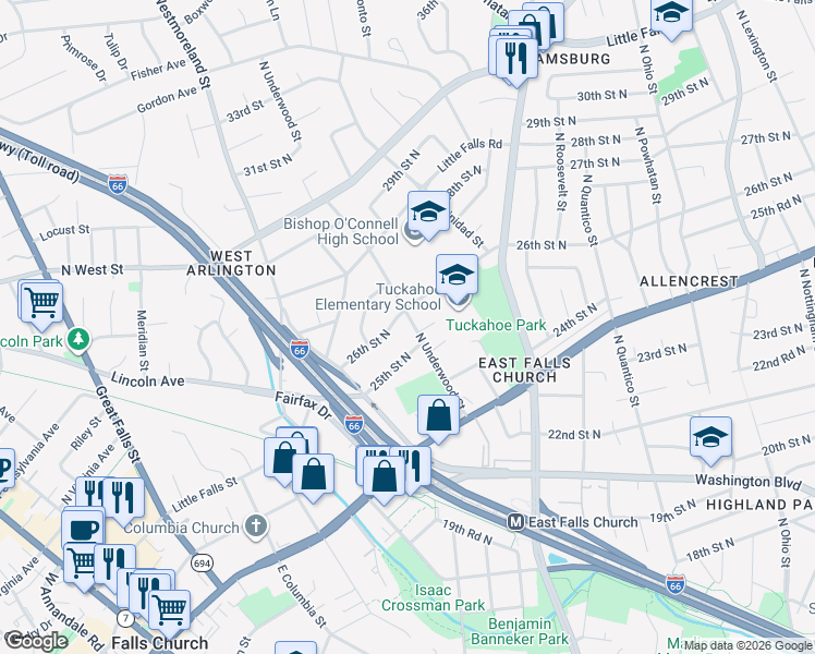 map of restaurants, bars, coffee shops, grocery stores, and more near 2506 North Underwood Street in Arlington
