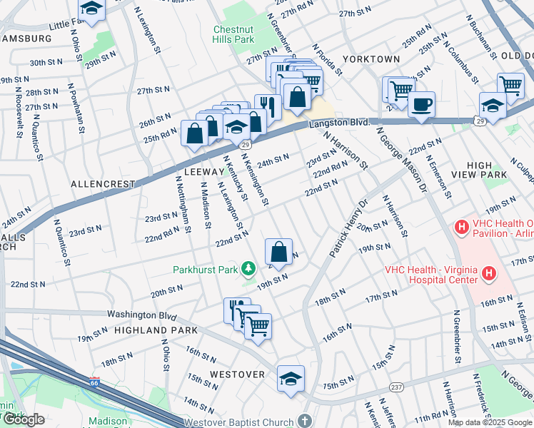map of restaurants, bars, coffee shops, grocery stores, and more near 2110 North Kensington Street in Arlington