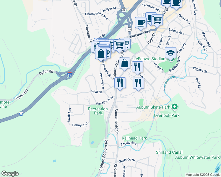 map of restaurants, bars, coffee shops, grocery stores, and more near 1345 High Street in Auburn