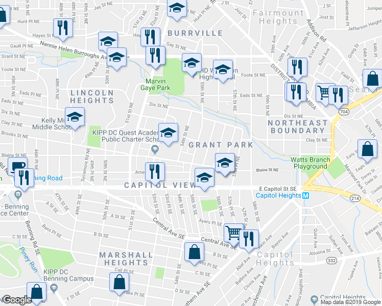 map of restaurants, bars, coffee shops, grocery stores, and more near 212 55th Street Northeast in Washington
