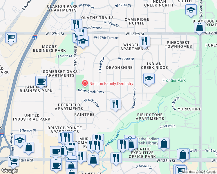 map of restaurants, bars, coffee shops, grocery stores, and more near 16213 West 130th Terrace in Olathe