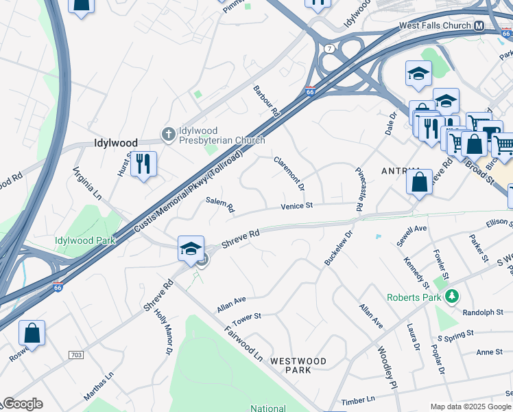 map of restaurants, bars, coffee shops, grocery stores, and more near 7420 Venice Street in Falls Church