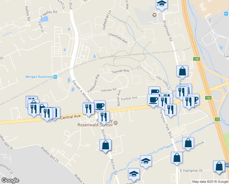 map of restaurants, bars, coffee shops, grocery stores, and more near 8411 Hillview Road in Prince George's County