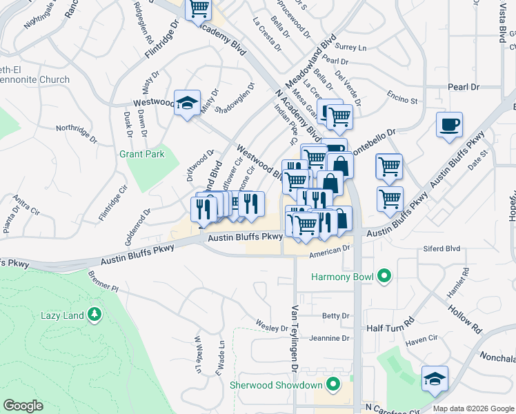map of restaurants, bars, coffee shops, grocery stores, and more near 3627 Indianpipe Circle in Colorado Springs