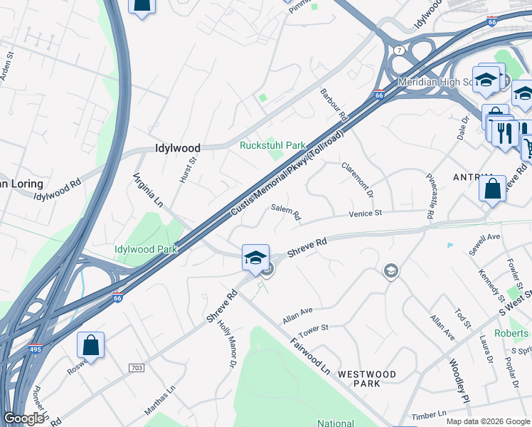 map of restaurants, bars, coffee shops, grocery stores, and more near 7519 Salem Road in Falls Church