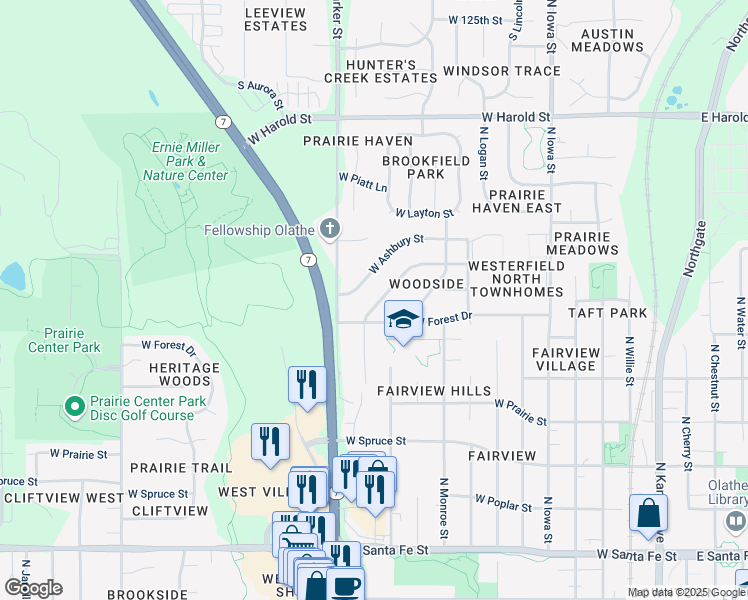 map of restaurants, bars, coffee shops, grocery stores, and more near 1052 West Fairwood Lane in Olathe