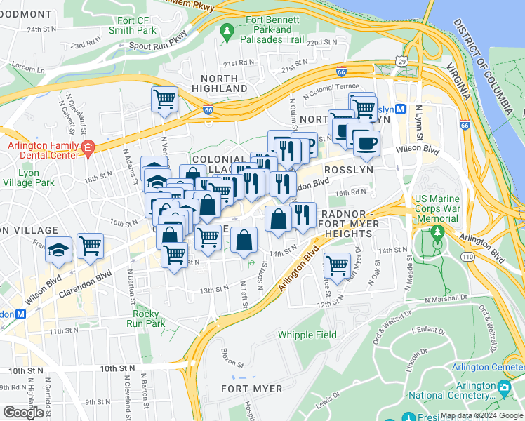 map of restaurants, bars, coffee shops, grocery stores, and more near 1879 16th Street North in Arlington