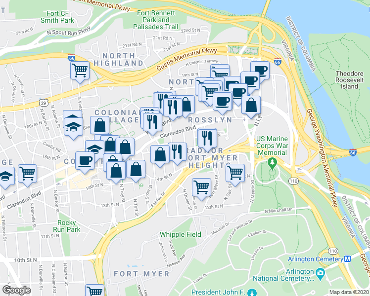 map of restaurants, bars, coffee shops, grocery stores, and more near 16th St N & N Queen St in Arlington