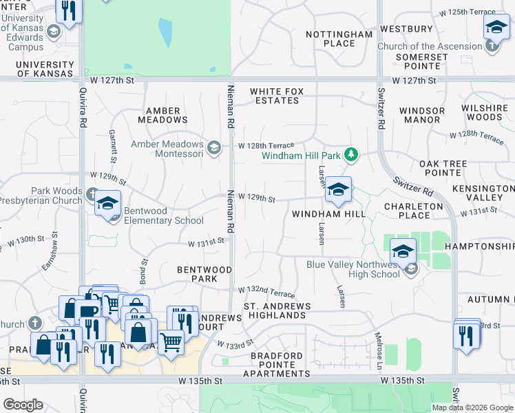 map of restaurants, bars, coffee shops, grocery stores, and more near 12906 Bluejacket Street in Overland Park