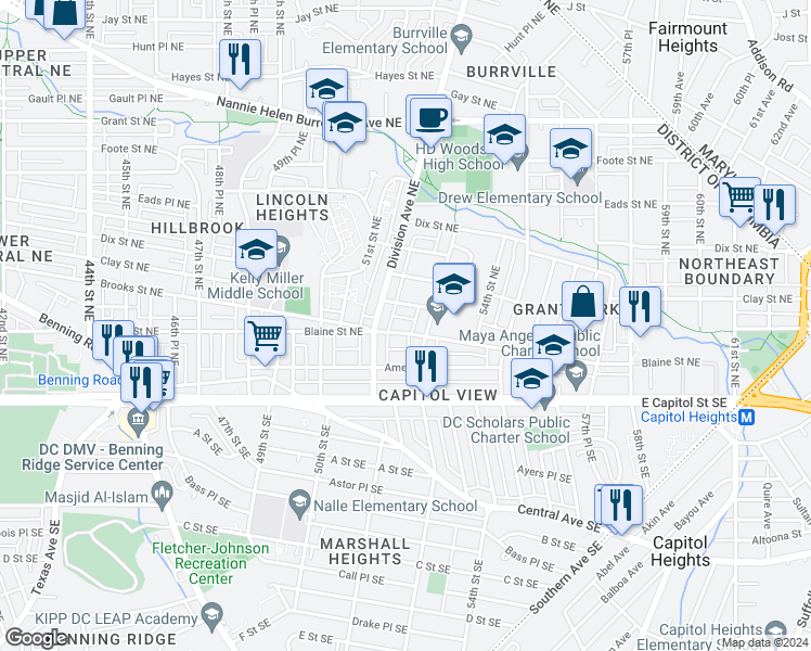 map of restaurants, bars, coffee shops, grocery stores, and more near 5220 Blaine Street Northeast in Washington