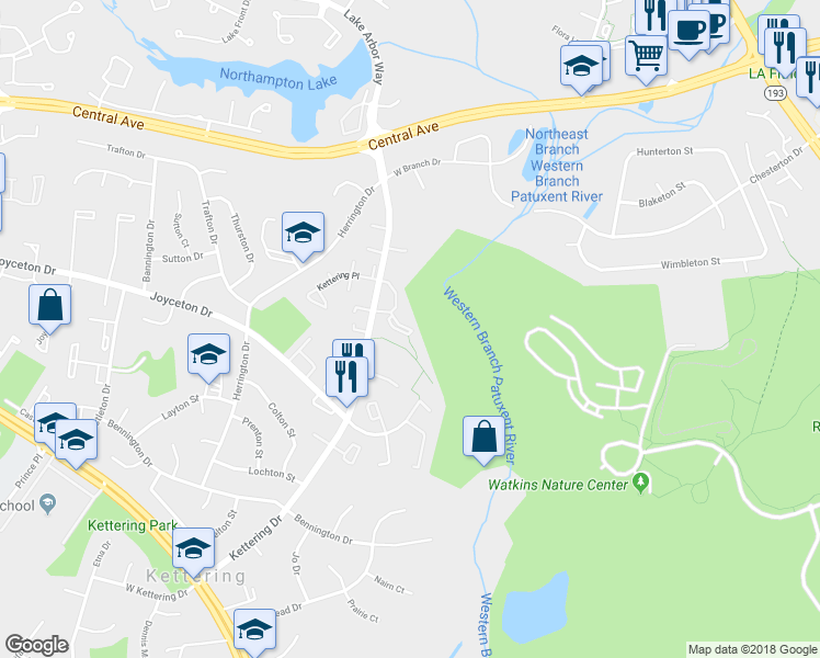 map of restaurants, bars, coffee shops, grocery stores, and more near 11442 Red Jade Court in Upper Marlboro