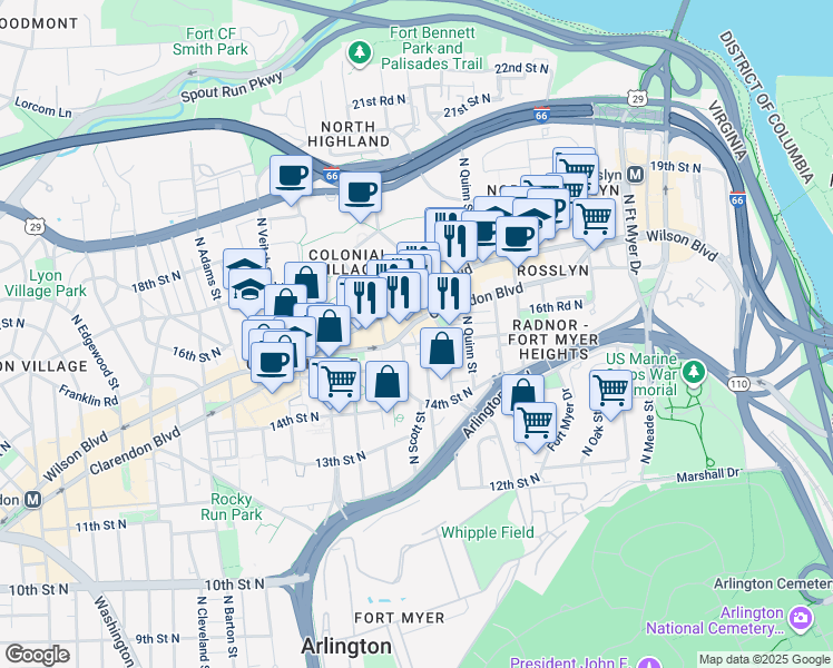 map of restaurants, bars, coffee shops, grocery stores, and more near 1879 16th Street North in Arlington