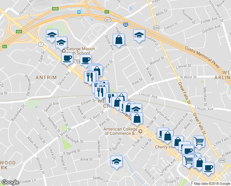 map of restaurants, bars, coffee shops, grocery stores, and more near 201 Grove Avenue in Falls Church