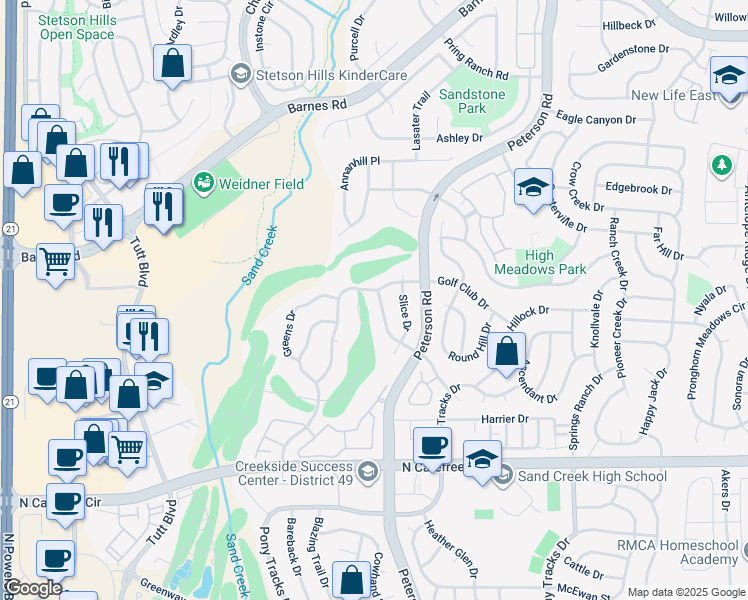 map of restaurants, bars, coffee shops, grocery stores, and more near 4282 Tee Shot Drive in Colorado Springs