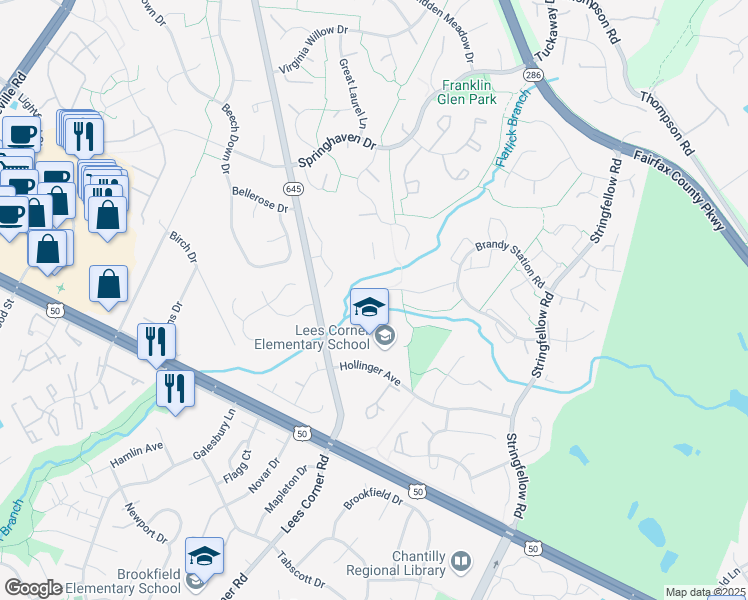 map of restaurants, bars, coffee shops, grocery stores, and more near 13423 Foxhole Drive in Fairfax