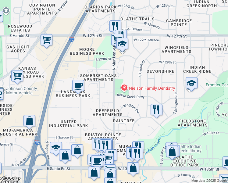 map of restaurants, bars, coffee shops, grocery stores, and more near 13095 S Mur-Len Rd in Olathe