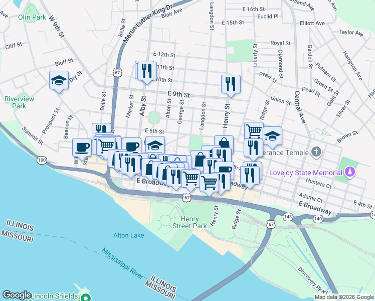 map of restaurants, bars, coffee shops, grocery stores, and more near 424 Mechanic Street in Alton