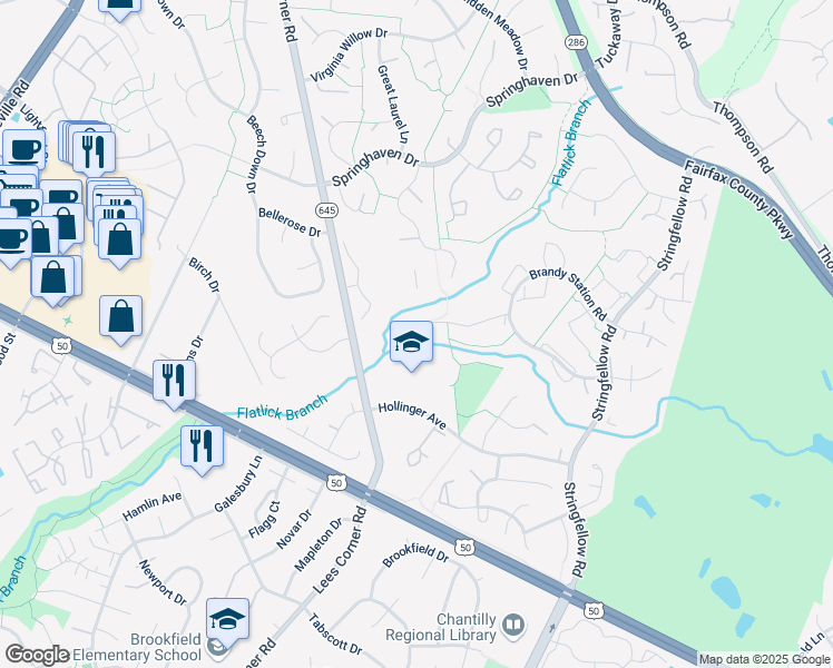 map of restaurants, bars, coffee shops, grocery stores, and more near 13423 Foxhole Drive in Fairfax