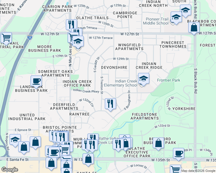 map of restaurants, bars, coffee shops, grocery stores, and more near 16213 West 130th Terrace in Olathe