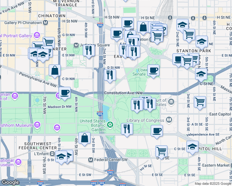 map of restaurants, bars, coffee shops, grocery stores, and more near Constitution Avenue Northwest in Washington