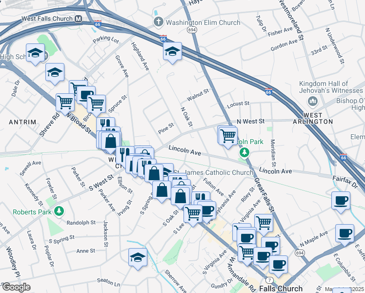 map of restaurants, bars, coffee shops, grocery stores, and more near 902 Lincoln Avenue in Falls Church