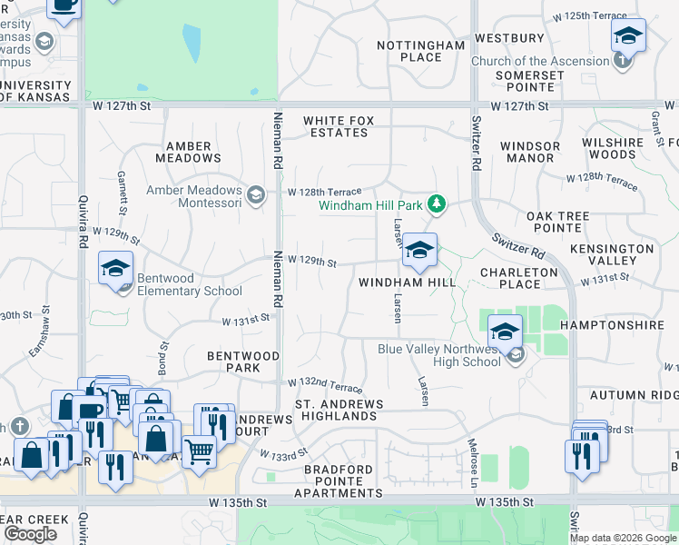 map of restaurants, bars, coffee shops, grocery stores, and more near 10811 West 129th Street in Overland Park
