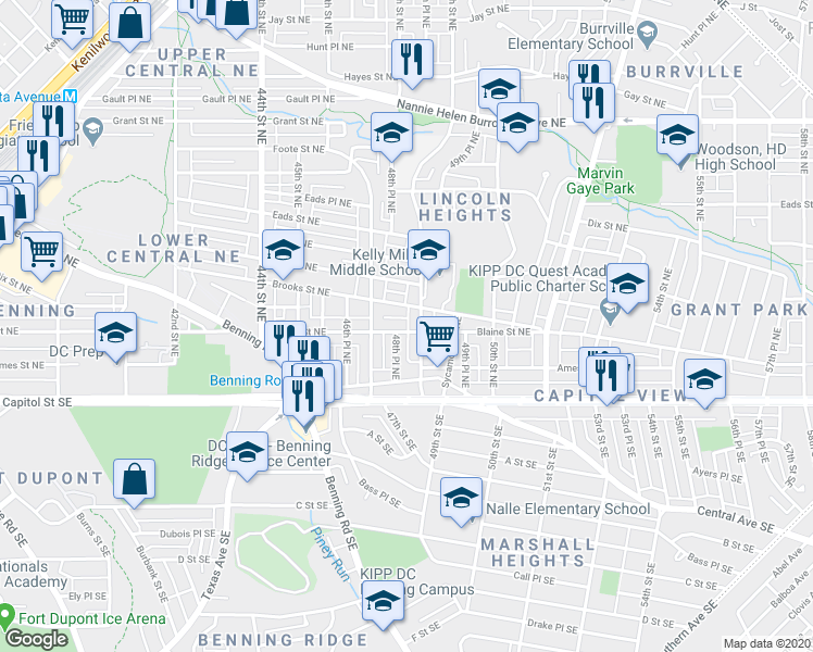 map of restaurants, bars, coffee shops, grocery stores, and more near 4742 Blaine Street Northeast in Washington