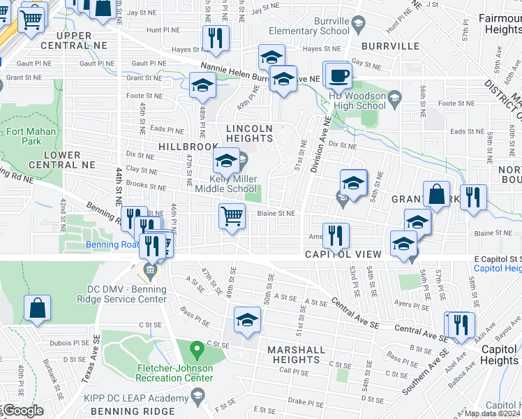 map of restaurants, bars, coffee shops, grocery stores, and more near 4948 Blaine Street Northeast in Washington