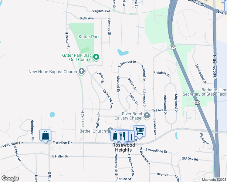 map of restaurants, bars, coffee shops, grocery stores, and more near 716 Airwood Drive in East Alton