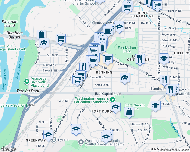 map of restaurants, bars, coffee shops, grocery stores, and more near 3910 Blaine Street Northeast in Washington