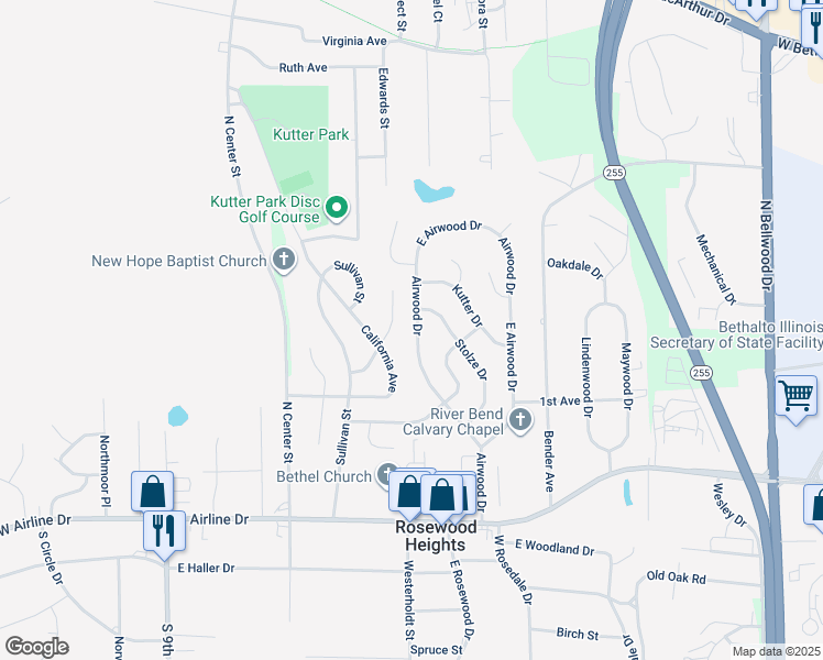 map of restaurants, bars, coffee shops, grocery stores, and more near 716 Airwood Drive in East Alton