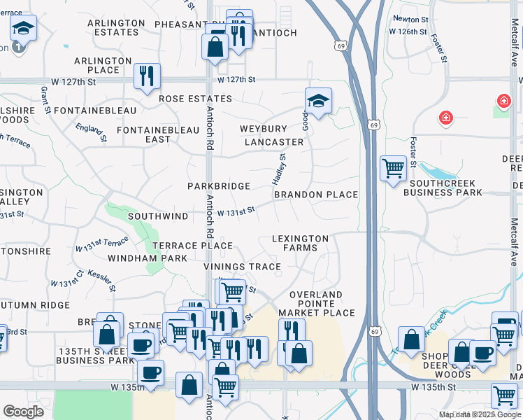map of restaurants, bars, coffee shops, grocery stores, and more near 13101 Woodward Street in Overland Park