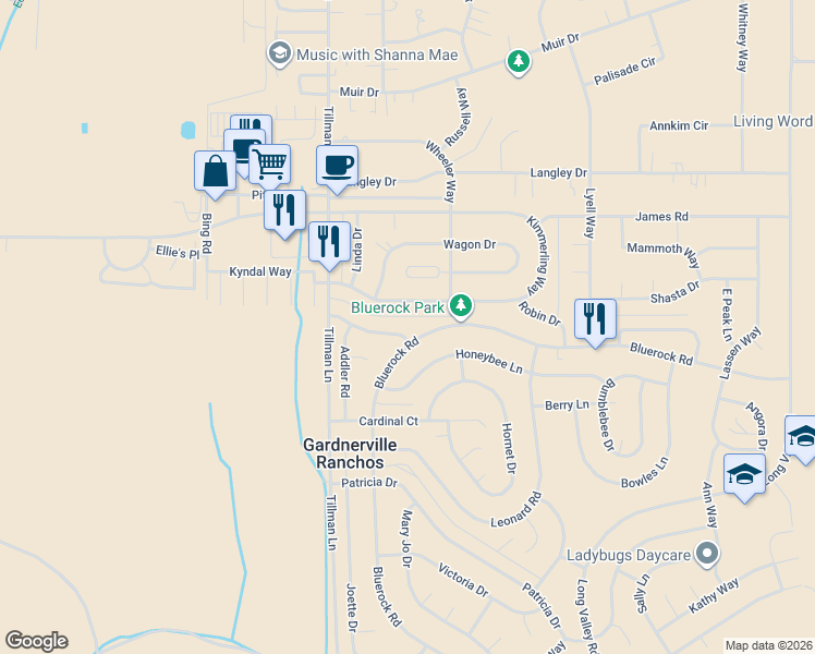 map of restaurants, bars, coffee shops, grocery stores, and more near 1325 Yellowjacket Lane in Gardnerville