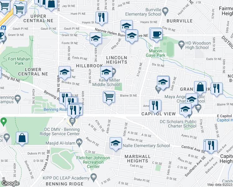 map of restaurants, bars, coffee shops, grocery stores, and more near 4934 Blaine Street Northeast in Washington