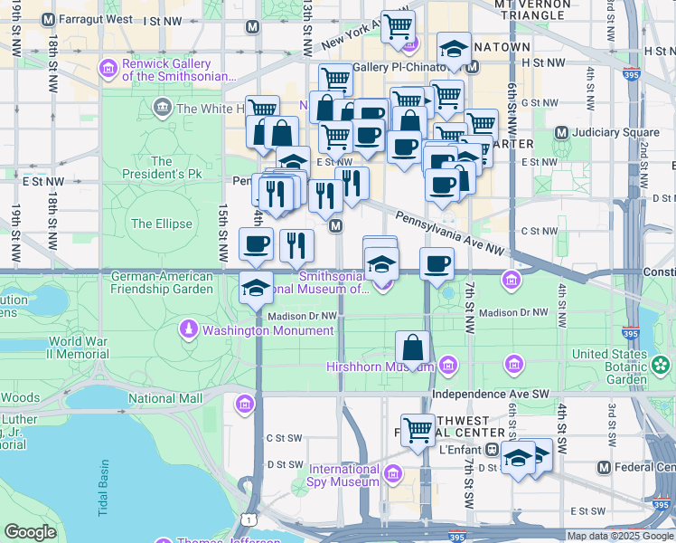 map of restaurants, bars, coffee shops, grocery stores, and more near Constitution Avenue Northwest in Washington