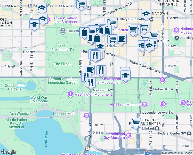 map of restaurants, bars, coffee shops, grocery stores, and more near Constitution Avenue Northwest in Washington