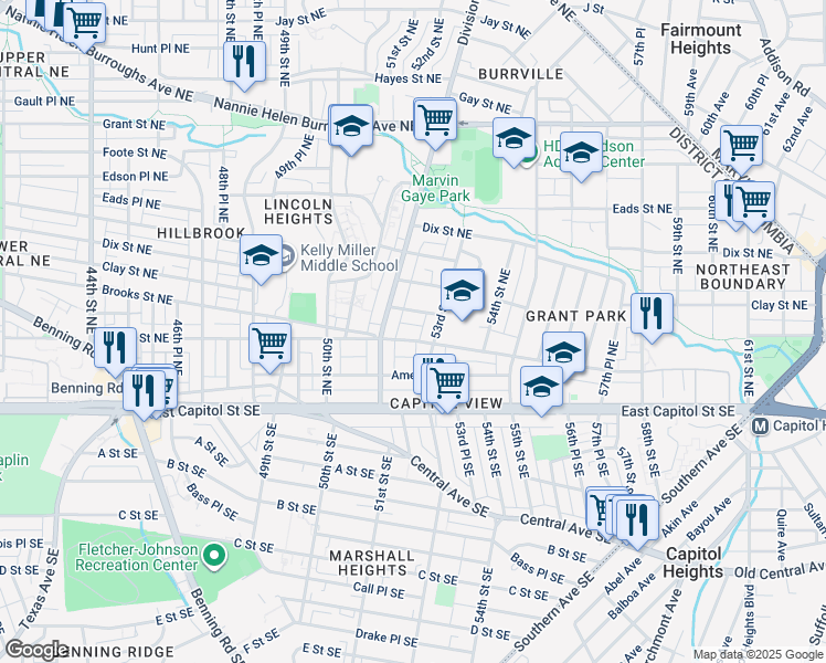 map of restaurants, bars, coffee shops, grocery stores, and more near 5220 Blaine Street Northeast in Washington