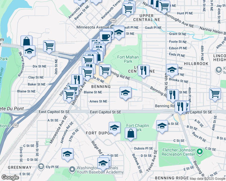 map of restaurants, bars, coffee shops, grocery stores, and more near 4008 Blaine Street Northeast in Washington