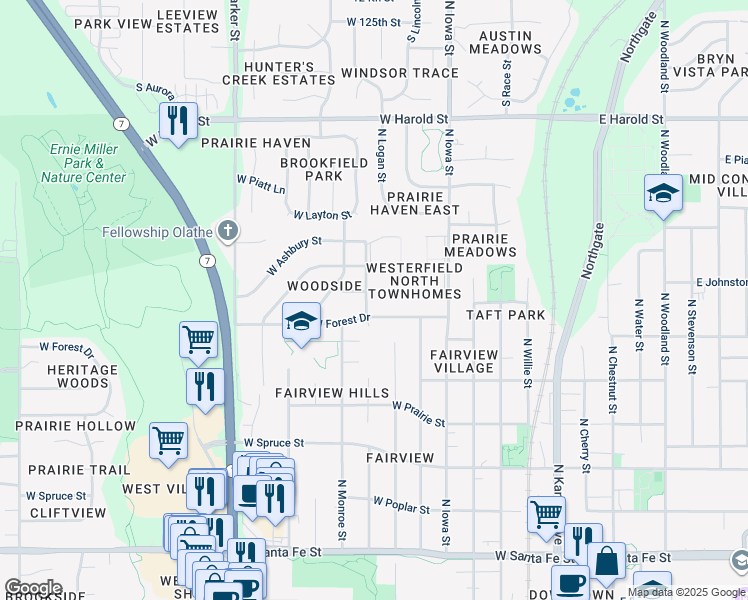 map of restaurants, bars, coffee shops, grocery stores, and more near 702 North Clinton Street in Olathe