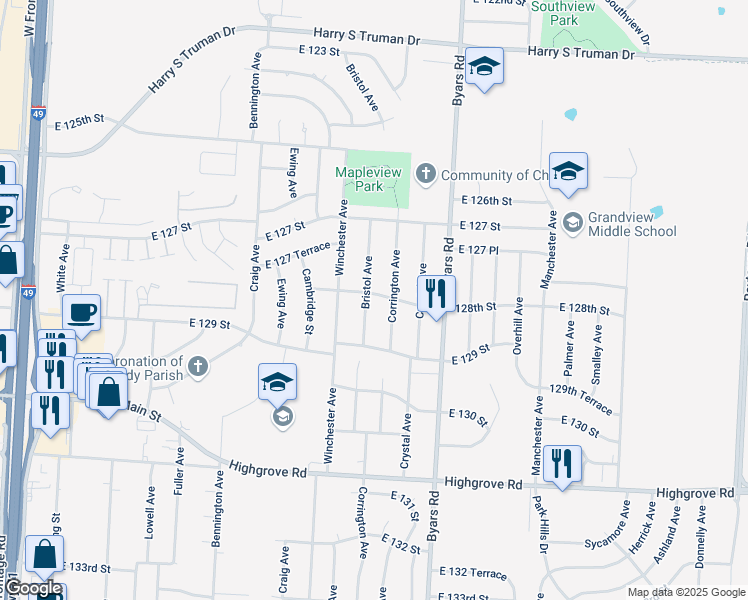 map of restaurants, bars, coffee shops, grocery stores, and more near 12804 Bristol Avenue in Grandview
