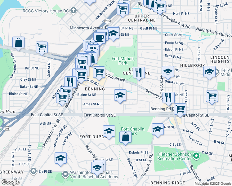 map of restaurants, bars, coffee shops, grocery stores, and more near 4042 Blaine Street Northeast in Washington