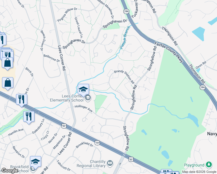 map of restaurants, bars, coffee shops, grocery stores, and more near 13301 Foxhole Drive in Fairfax